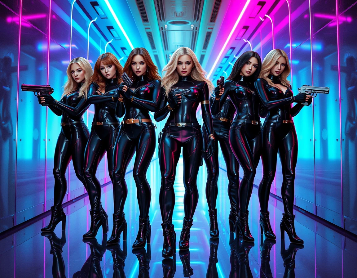 Futuristic women in latex suits in neon sci fi corridor