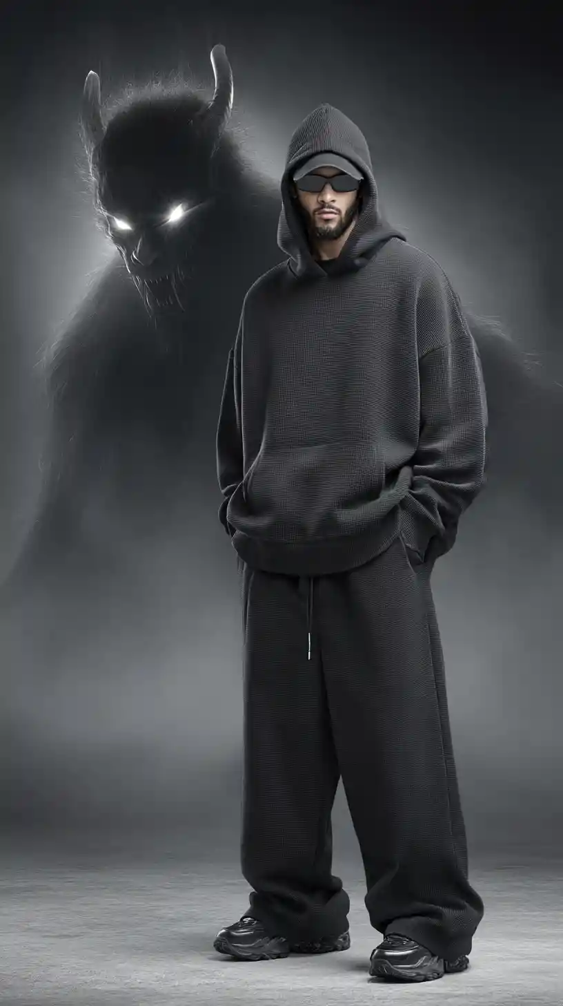 Cinematic portrait of man in black streetwear with smoke demon