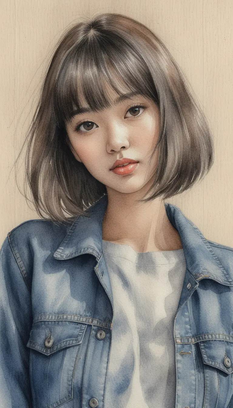 Young asian woman close up in color pencil portrait
