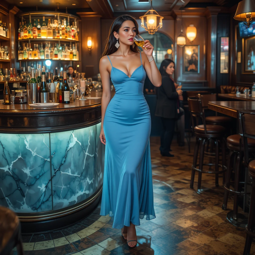 Fashionable woman drinking champagne in a trendy bar