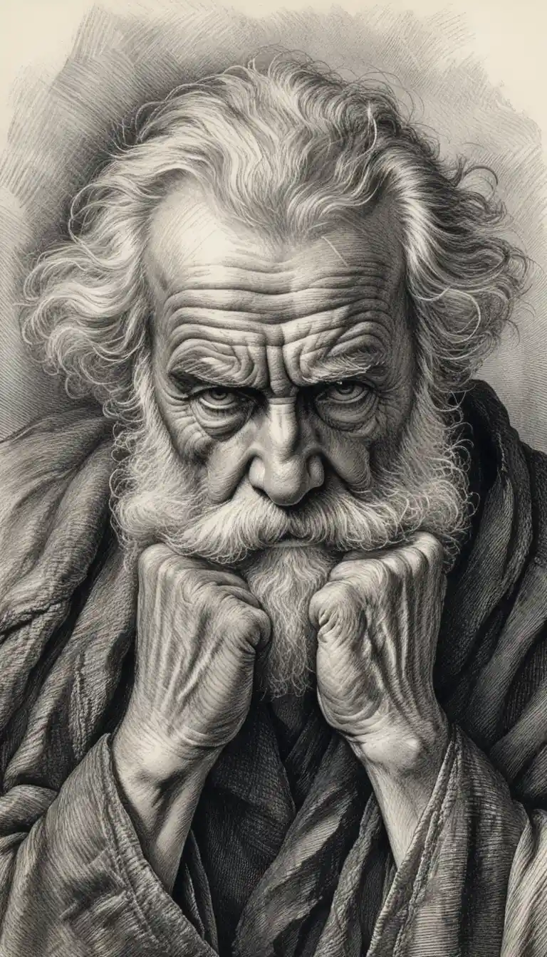 Engraved portrait of a thoughtful old man in deep contemplation