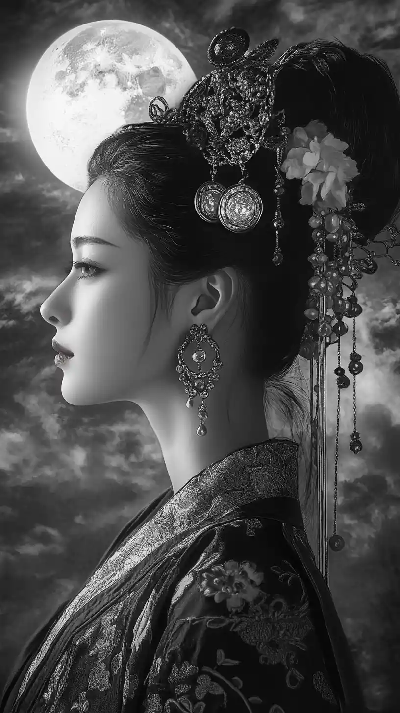 Side profile of an ornate east asian girl under the moon