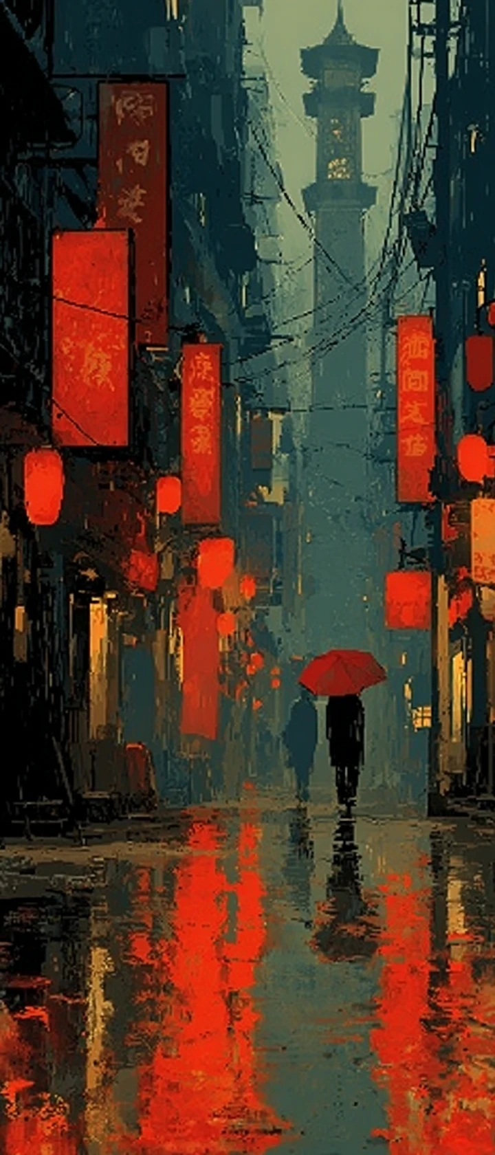 Rain slicked tokyo alley in crimson and black anime style