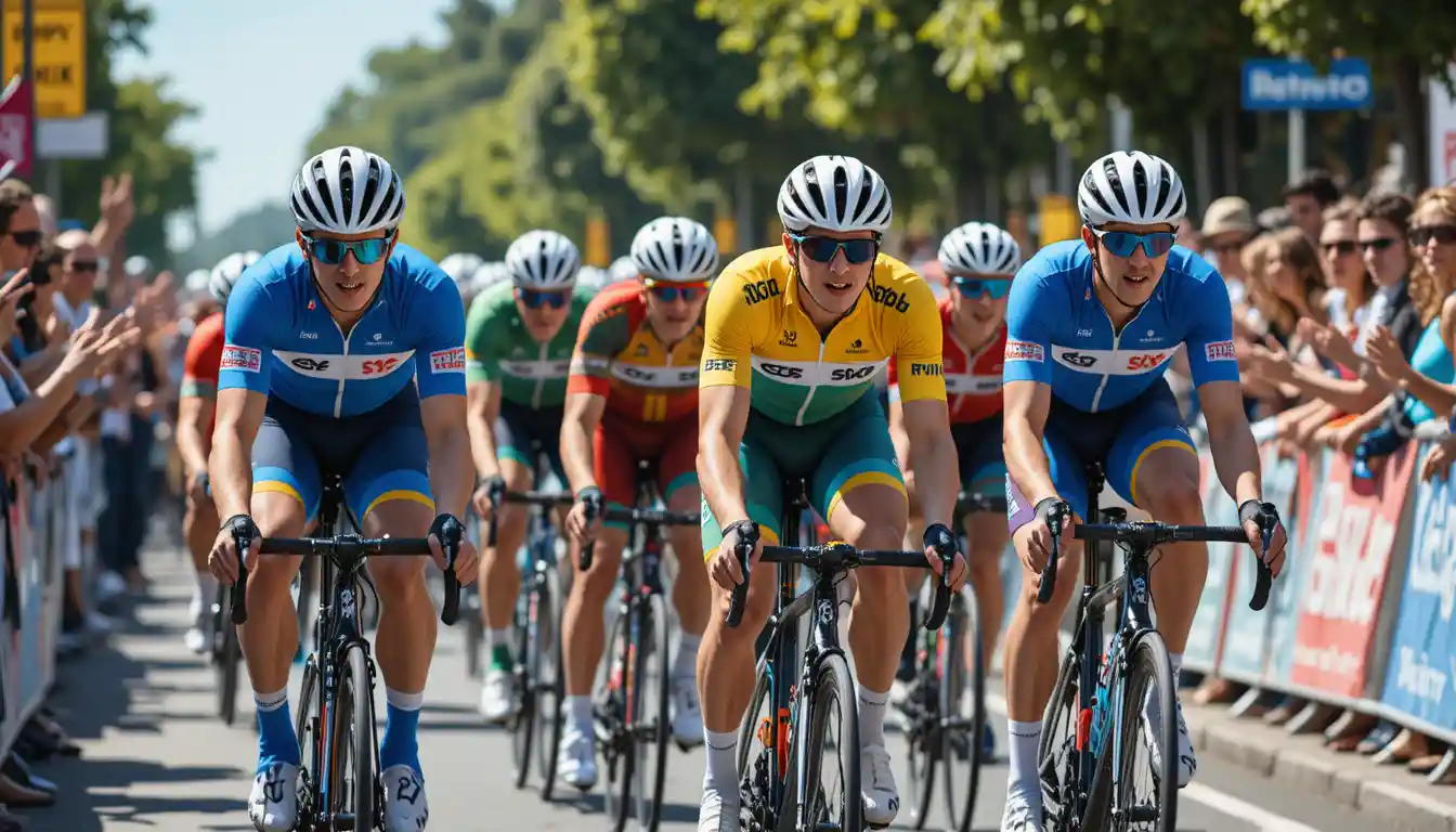 Competitive road cyclists racing past cheering street crowd