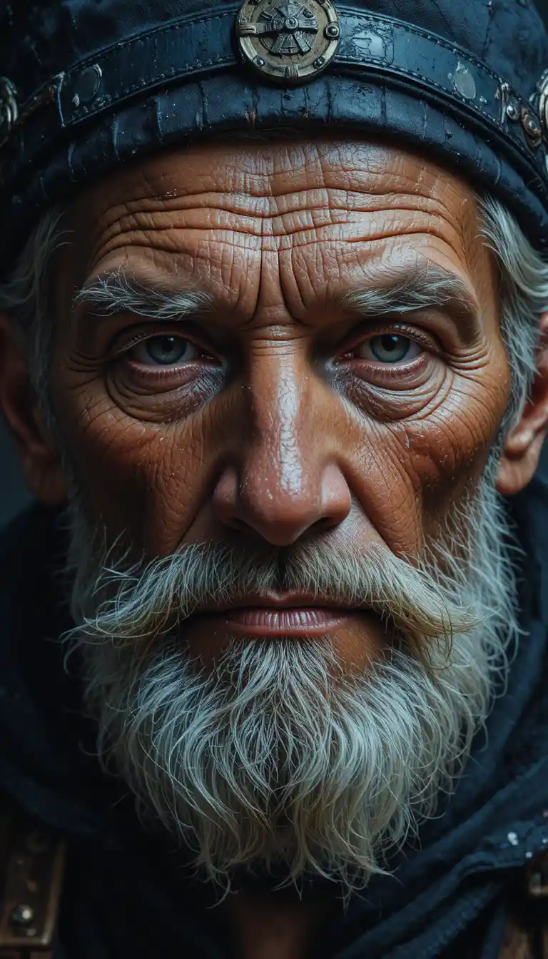 Weathered old sailor portrait in textured oil paint chiaroscuro