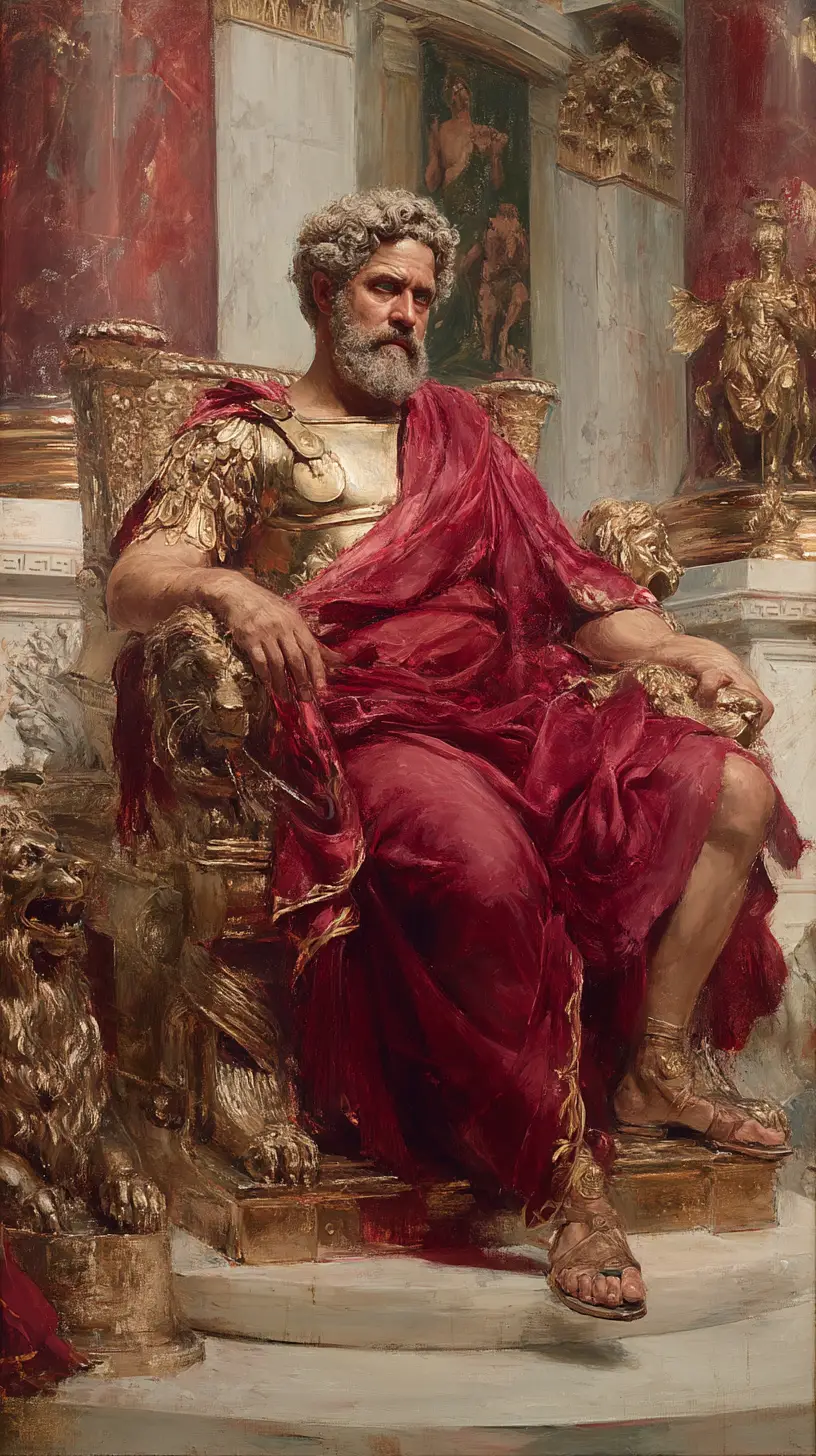 Emperador romano en trono de bronce en gran palacio