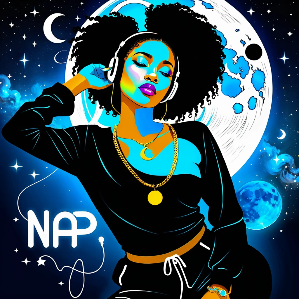 Black woman floating in space with moon chain jewelry