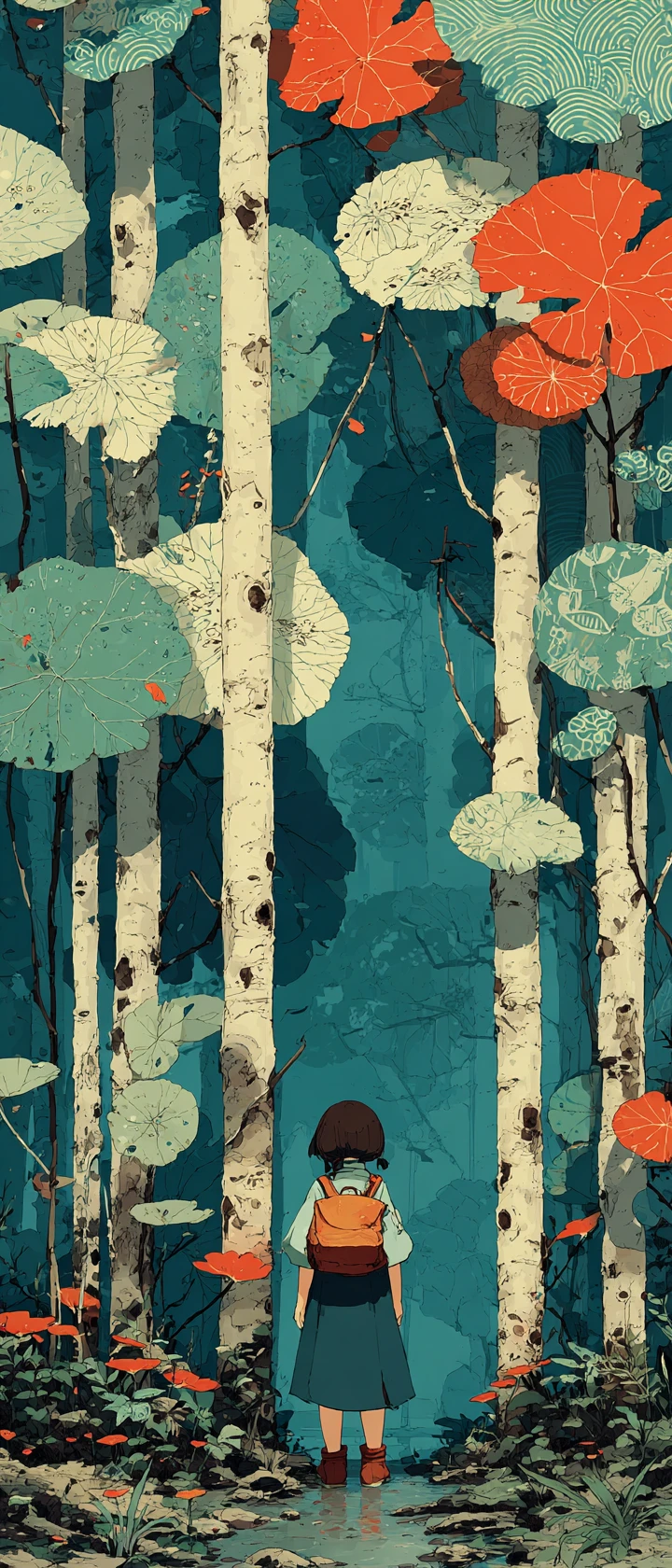 Bambino in stile anime che esplora una foresta alta e stilizzata
