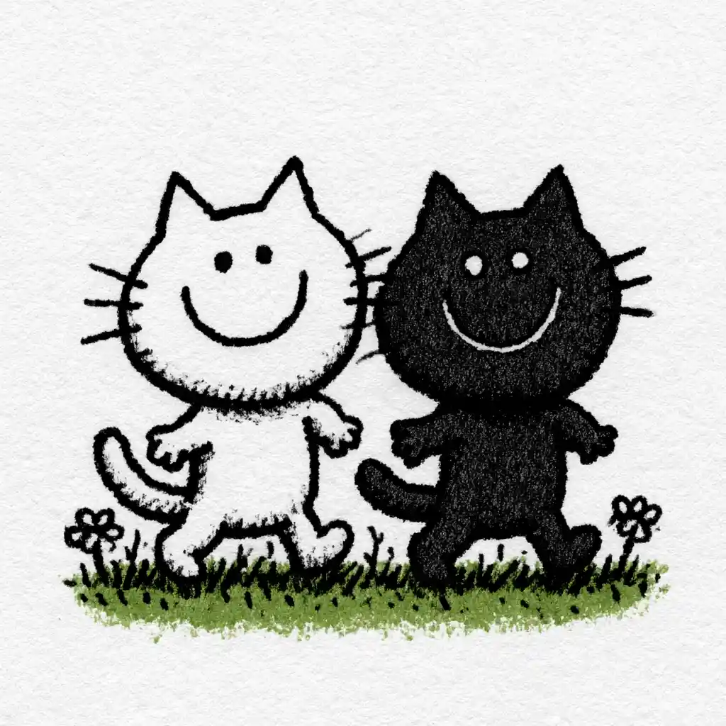 Cute cartoon cats walking together in a grassy field