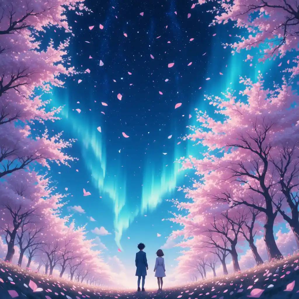 Anime night sky with aurora and falling cherry blossoms
