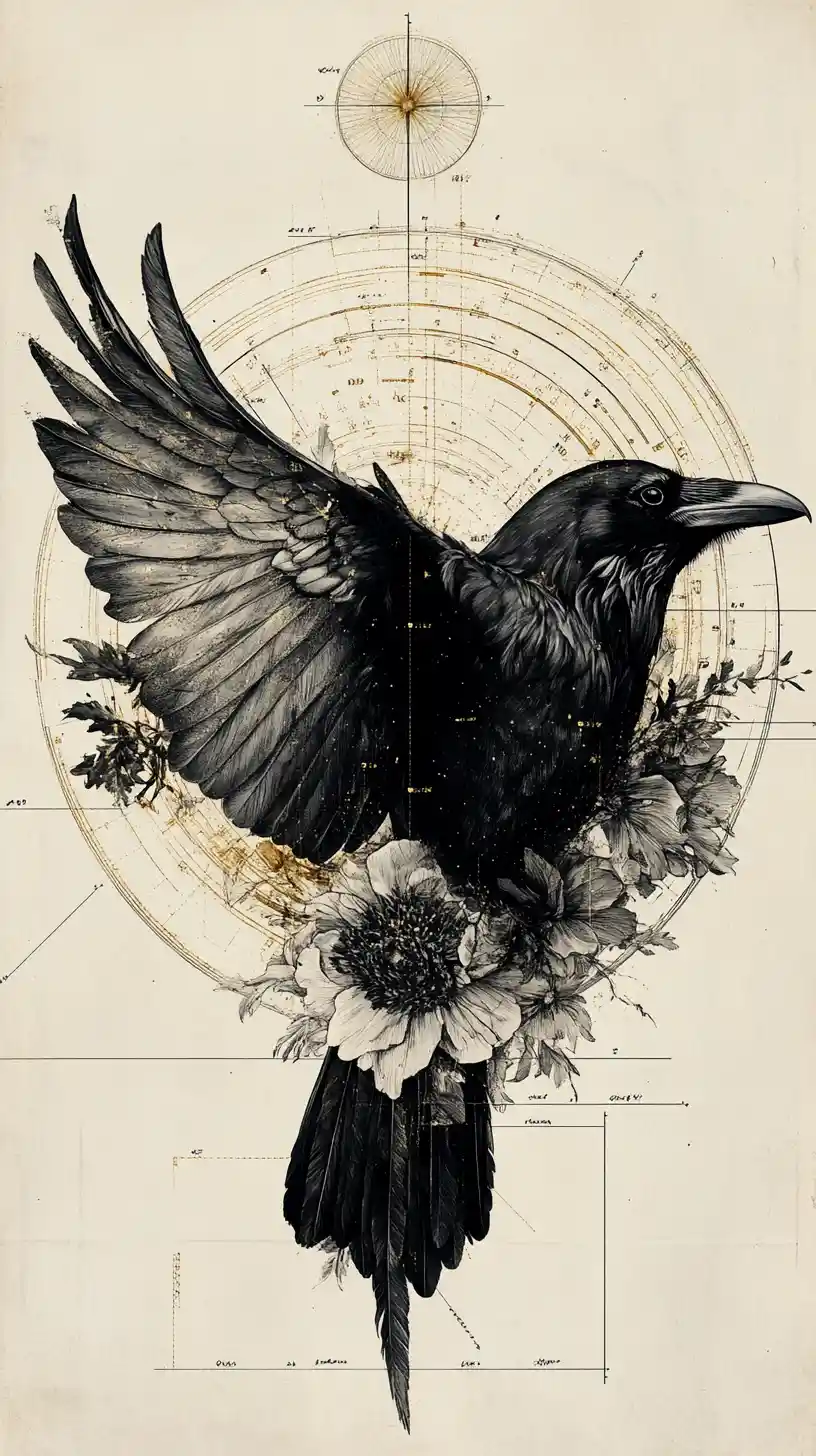 Surreal Raven Specimen With Peony Wings On Parchment Plate
