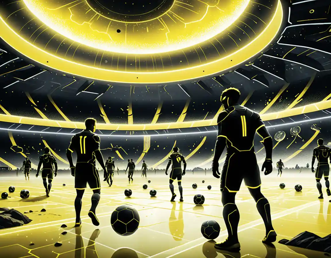 Calciatori futuristici in un mega stadio neon di fantascienza