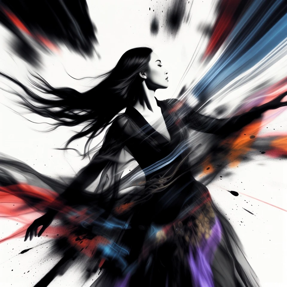 Graceful Asian woman in swirling colorful abstract motion