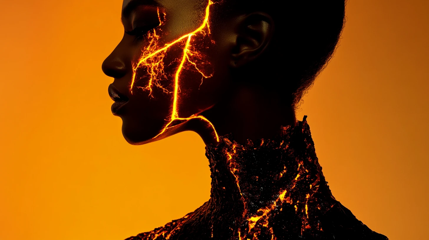 Silhouetted couture figure glowing with ember like inner light
