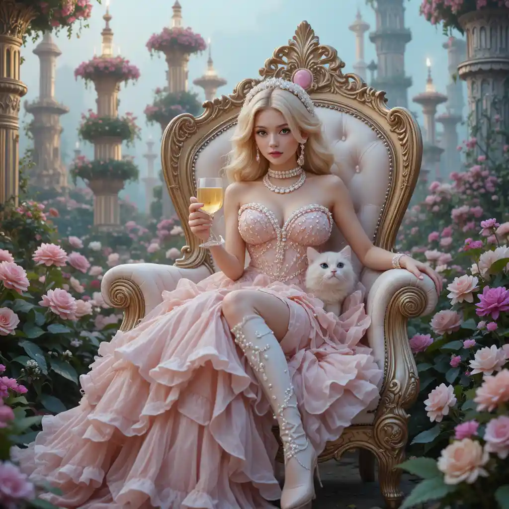 Glamouröse Frau im roséfarbenen Kleid in einem traumhaften Blumengarten