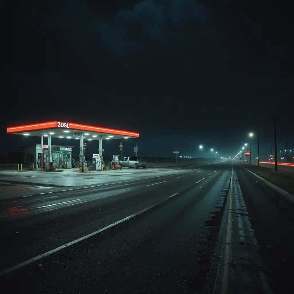 Lonely gas station on a dark Nebraska highway at night