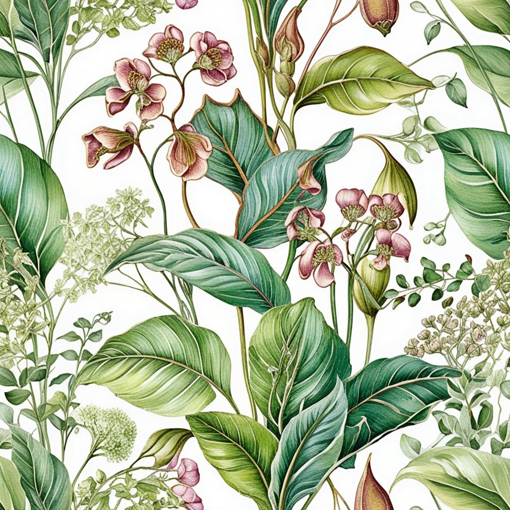 Delicate Spring Botanical Drawing With Colorful Floral Pattern
