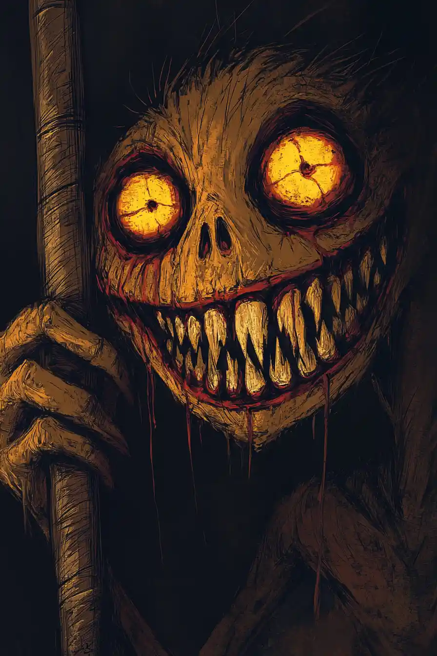 Creepy monster face with toothy grin and clawed hand