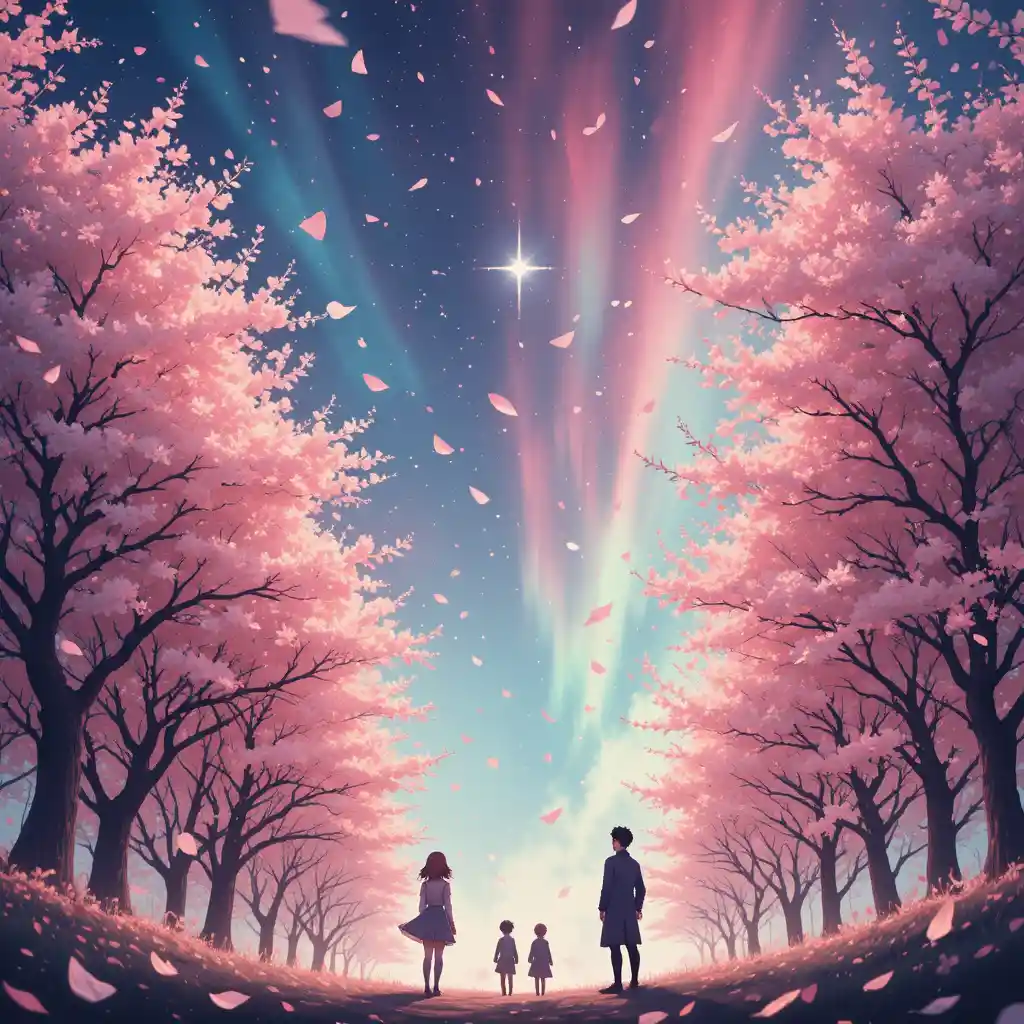 Anime night sky with auroras and cherry blossom trees