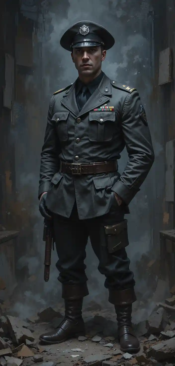 Pale soldier in dark uniform with hands in pockets