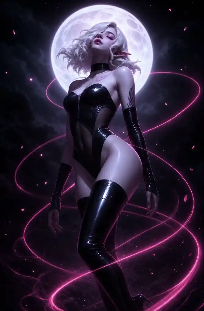 Elf woman in latex under a glowing full moon