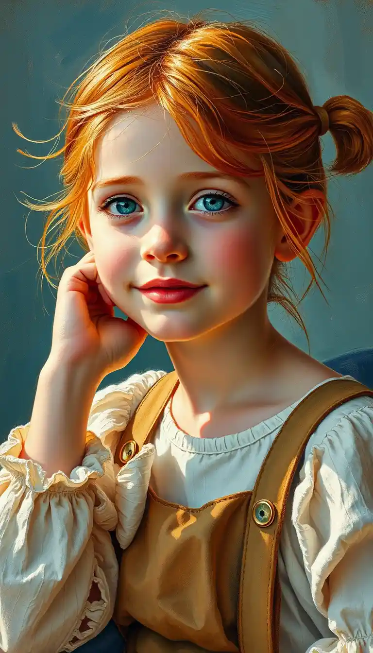 Playful freckled girl in an impressionist oil portrait