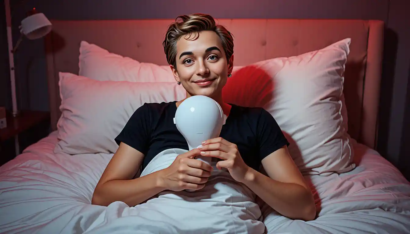 Woman on white bed in soft intimate bedroom light