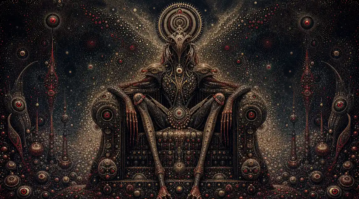 Dark insect queen on a throne in endless dot patterns
