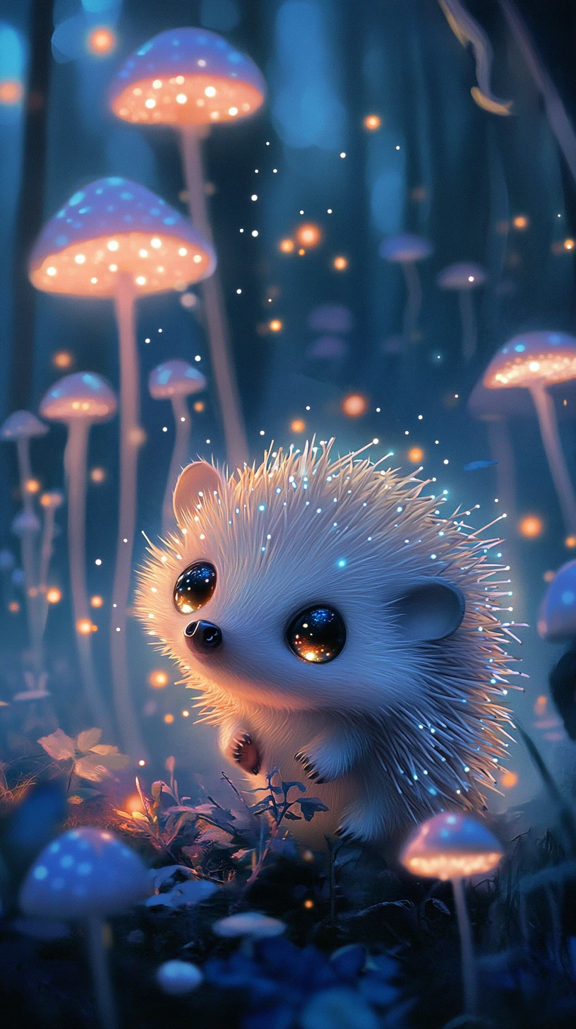 Cute baby hedgehog in a glowing fantasy mushroom forest