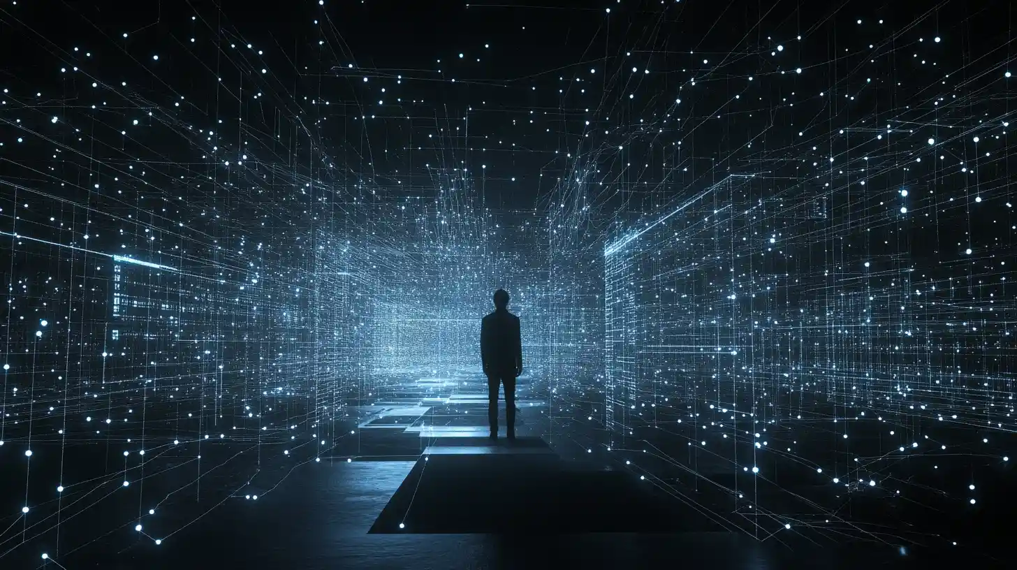 Man walking through infinite glowing data connections