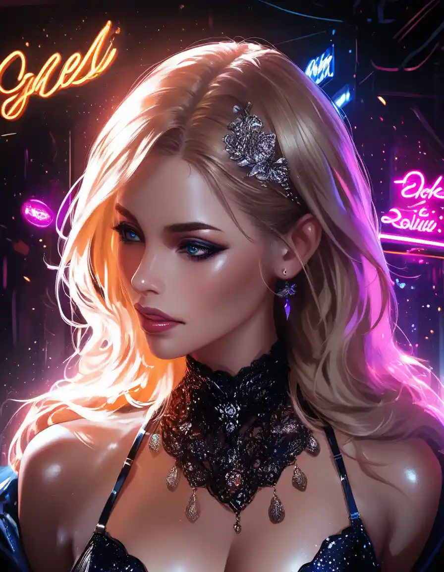 Glamorous neon pinup woman in baroque inspired lingerie