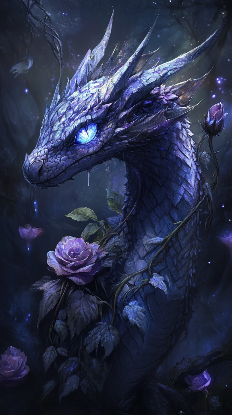 Slender Floral Dragon In A Dark Bioluminescent Forest