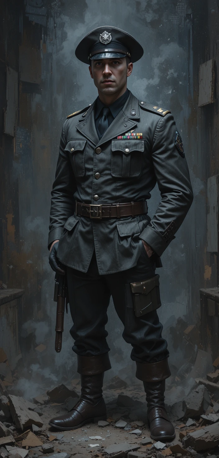 Pale soldier in dark uniform with hands in pockets