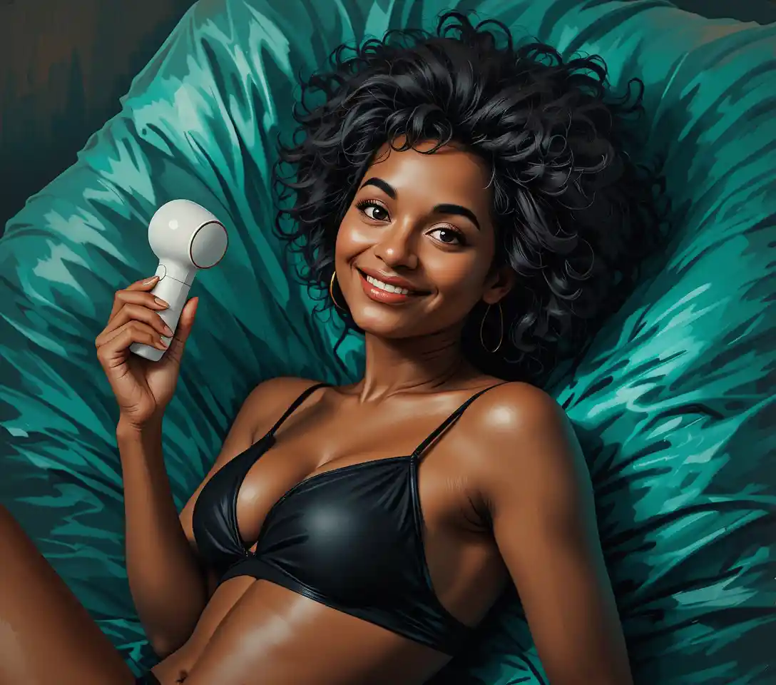 Young black woman on emerald bed in soft intimate light