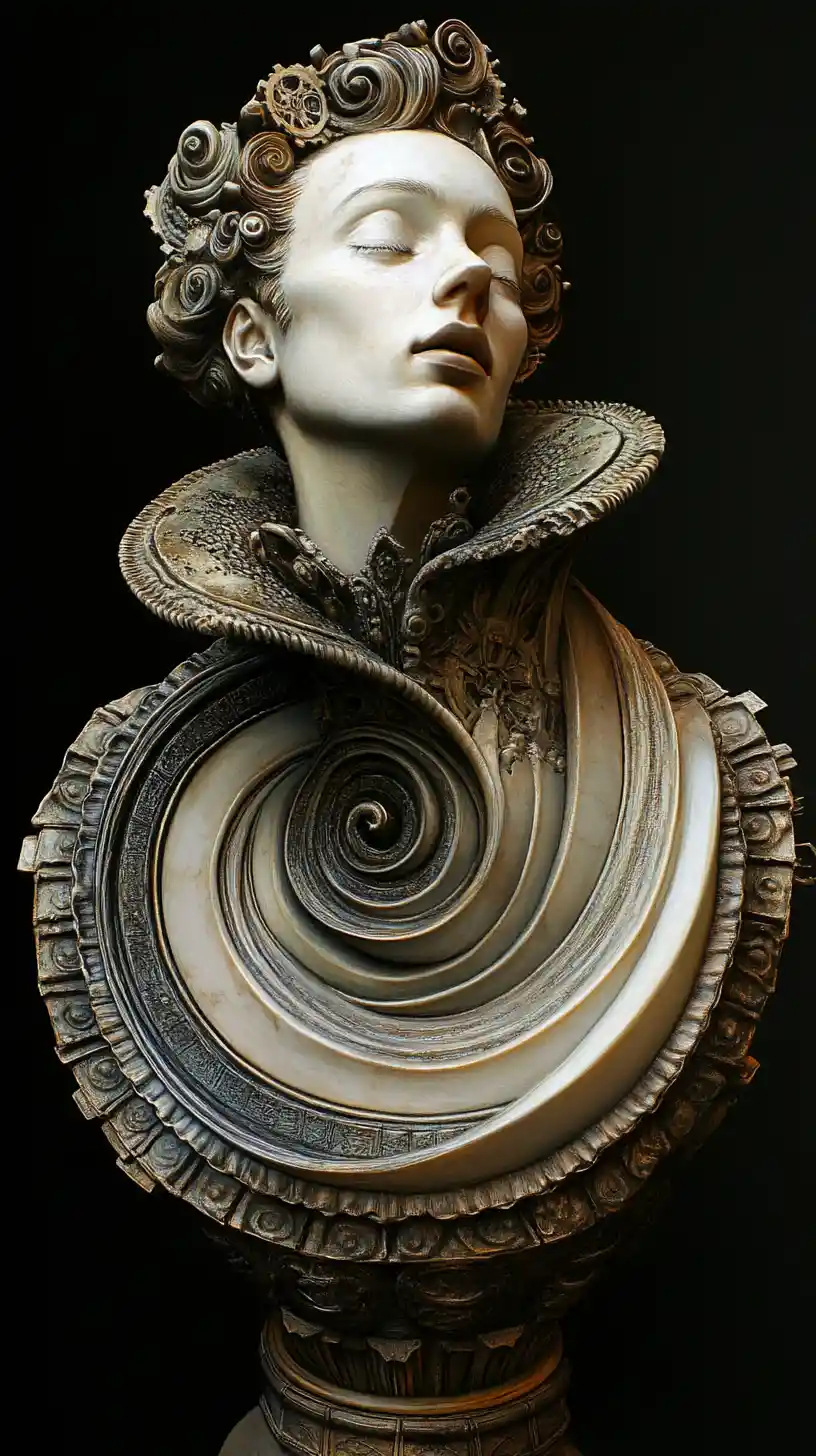 Regal woman with clockwork spiral chest and ornate collar