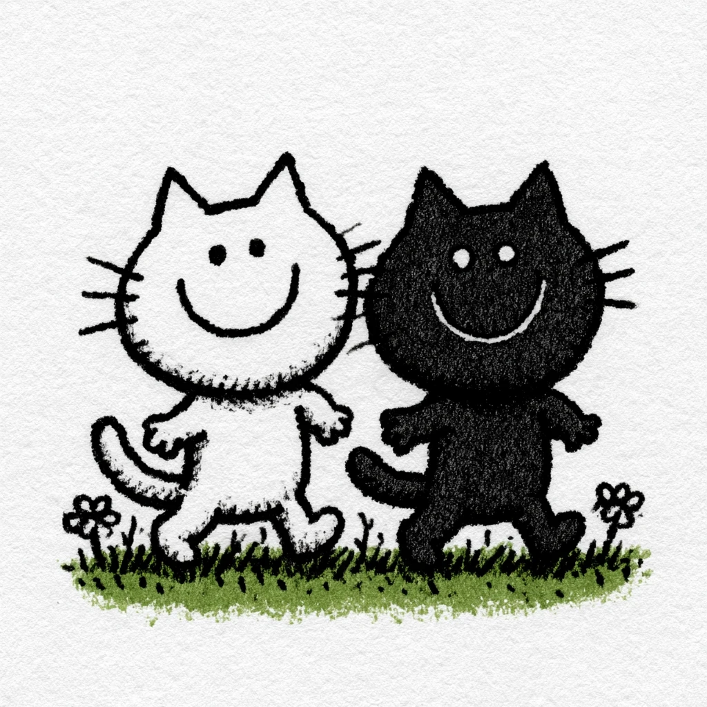 Cute cartoon cats walking together in a grassy field