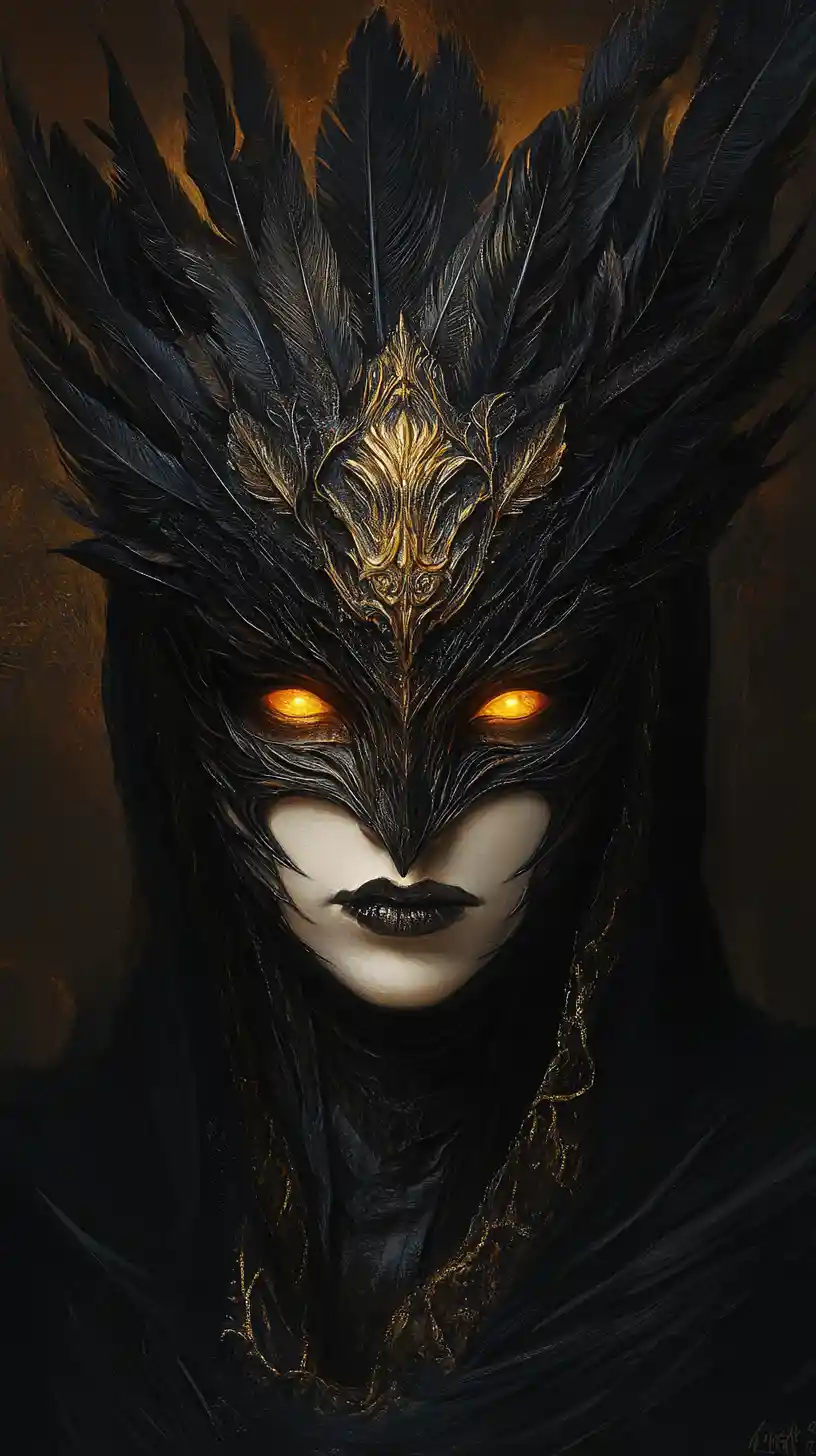 Dark feathered mask with glowing amber eyes in shadow