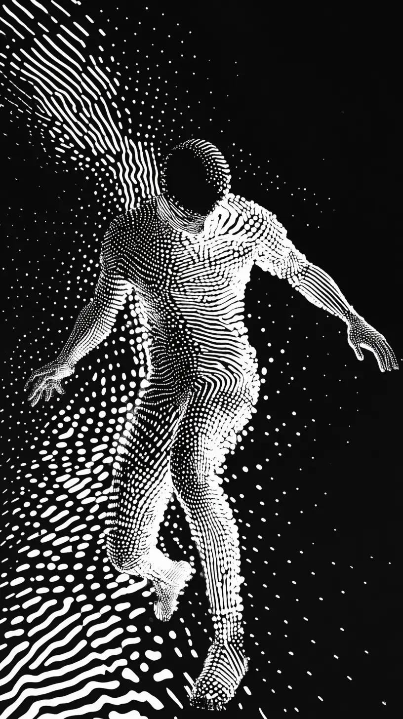 Human figure dissolving into expanding geometric dot pattern