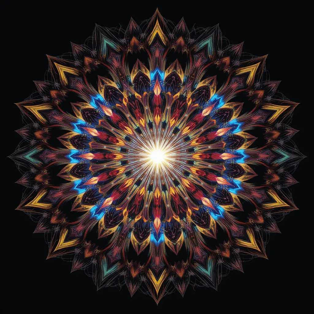 Mandala caleidoscopico colorato con bagliore centrale radiante