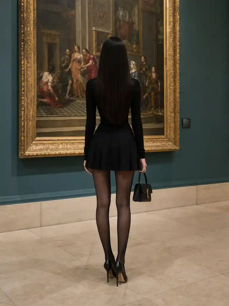 Elegant woman viewing a painting in a museum gallery