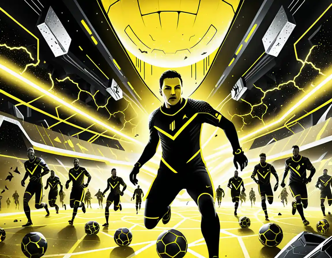 Futuristic soccer players in neon city stadium