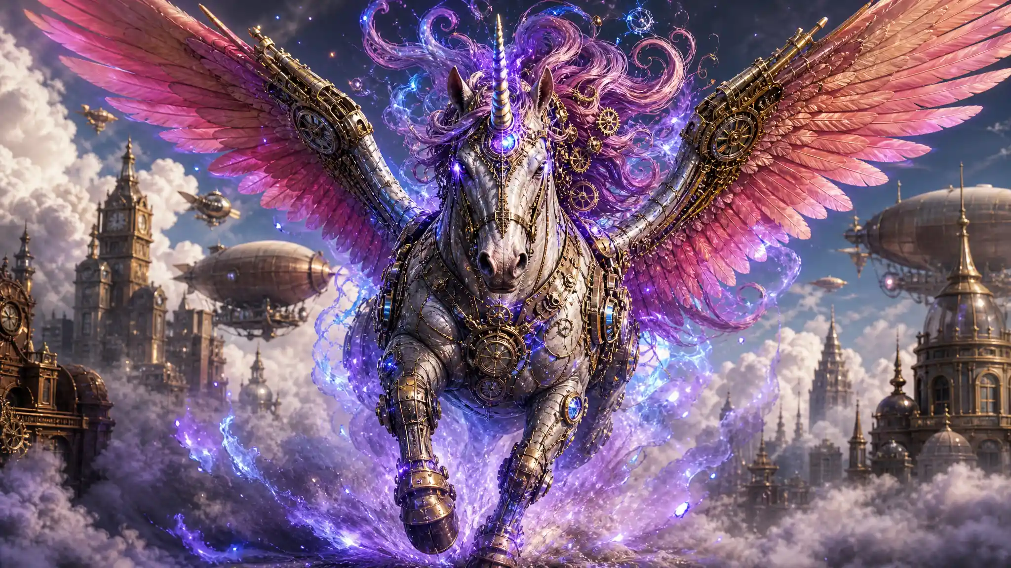 Mythical steampunk pegasus blazing across a cloudy sky