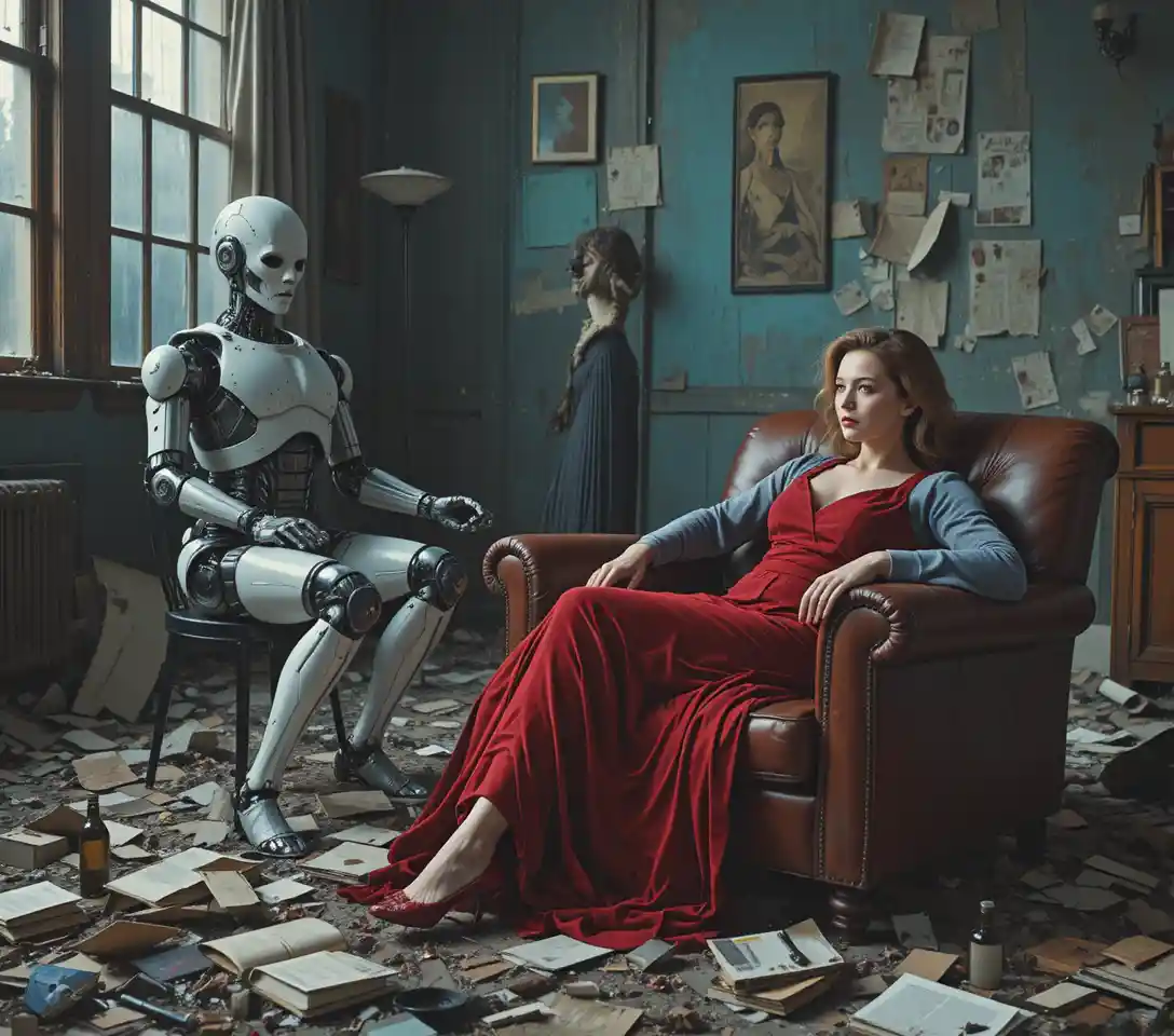 Melancholic woman in red velvet on worn leather armchair