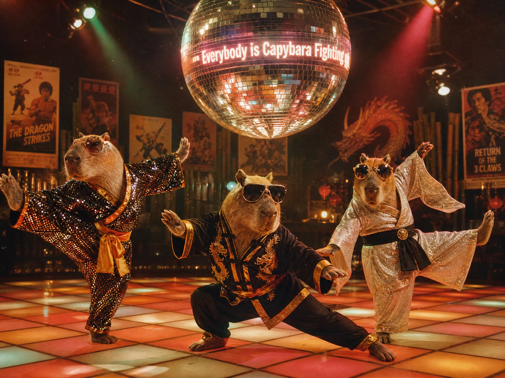 Three disco capybaras performing kung fu on glowing floor