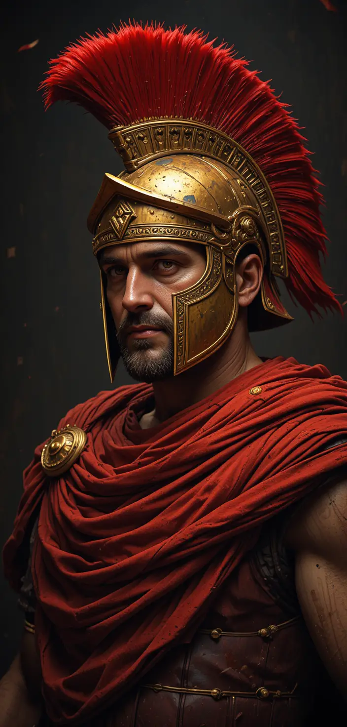 Roman centurion portrait with gold helmet and red cape