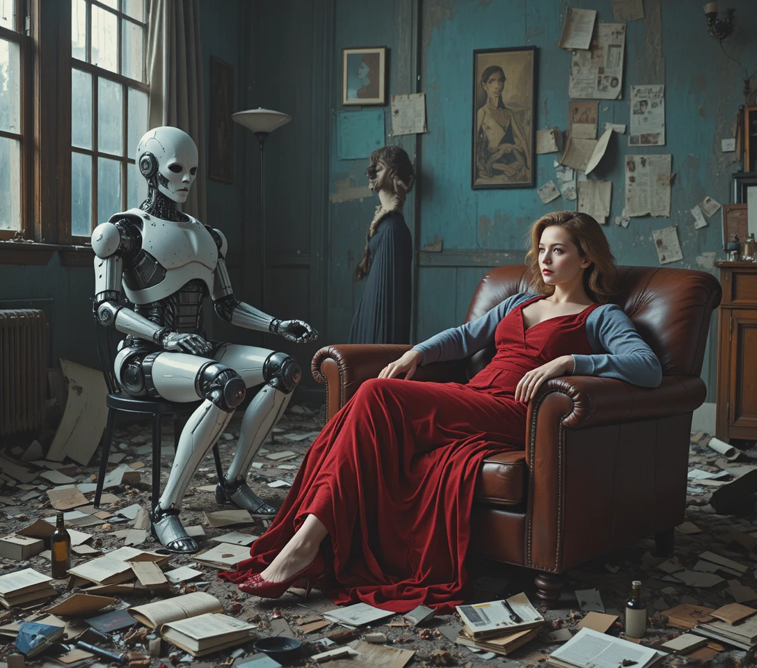 Melancholic woman in red velvet on worn leather armchair