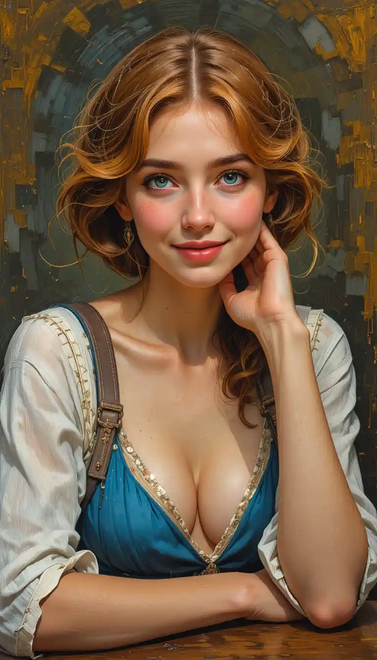 Cheerful freckled girl portrait in turquoise oil painting