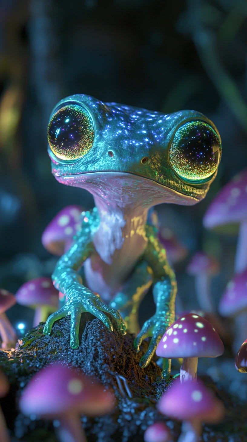 Criatura Alienígena Curiosa en un Bosque Bioluminiscente