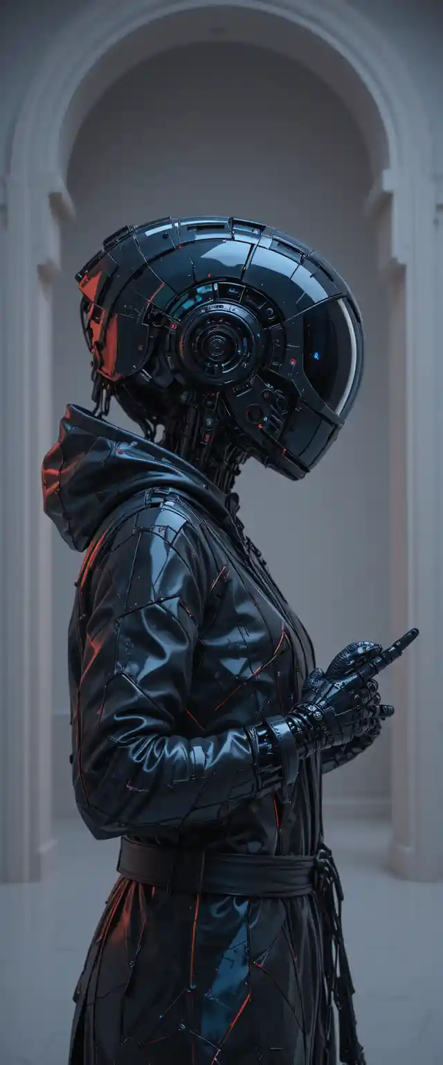 Black hooded robot portrait in neon futuristic style