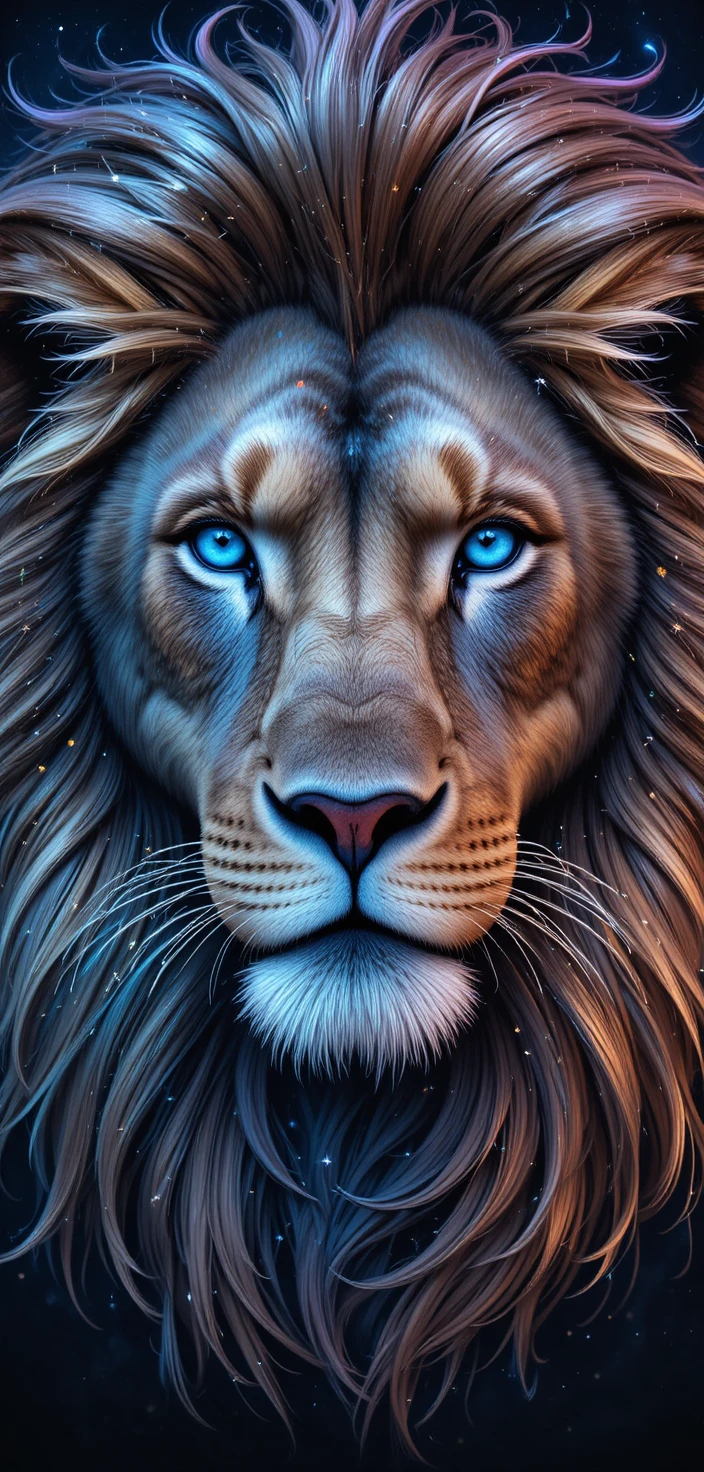 Majestic lion portrait with glowing cosmic galaxy mane